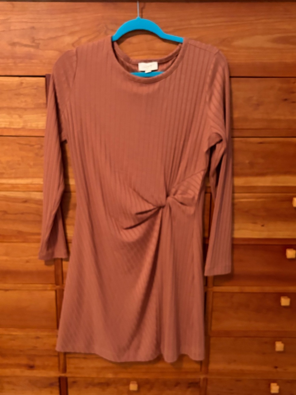 LOFT Rust Colored Ribbed Twist-Front Long Sleeve Dress